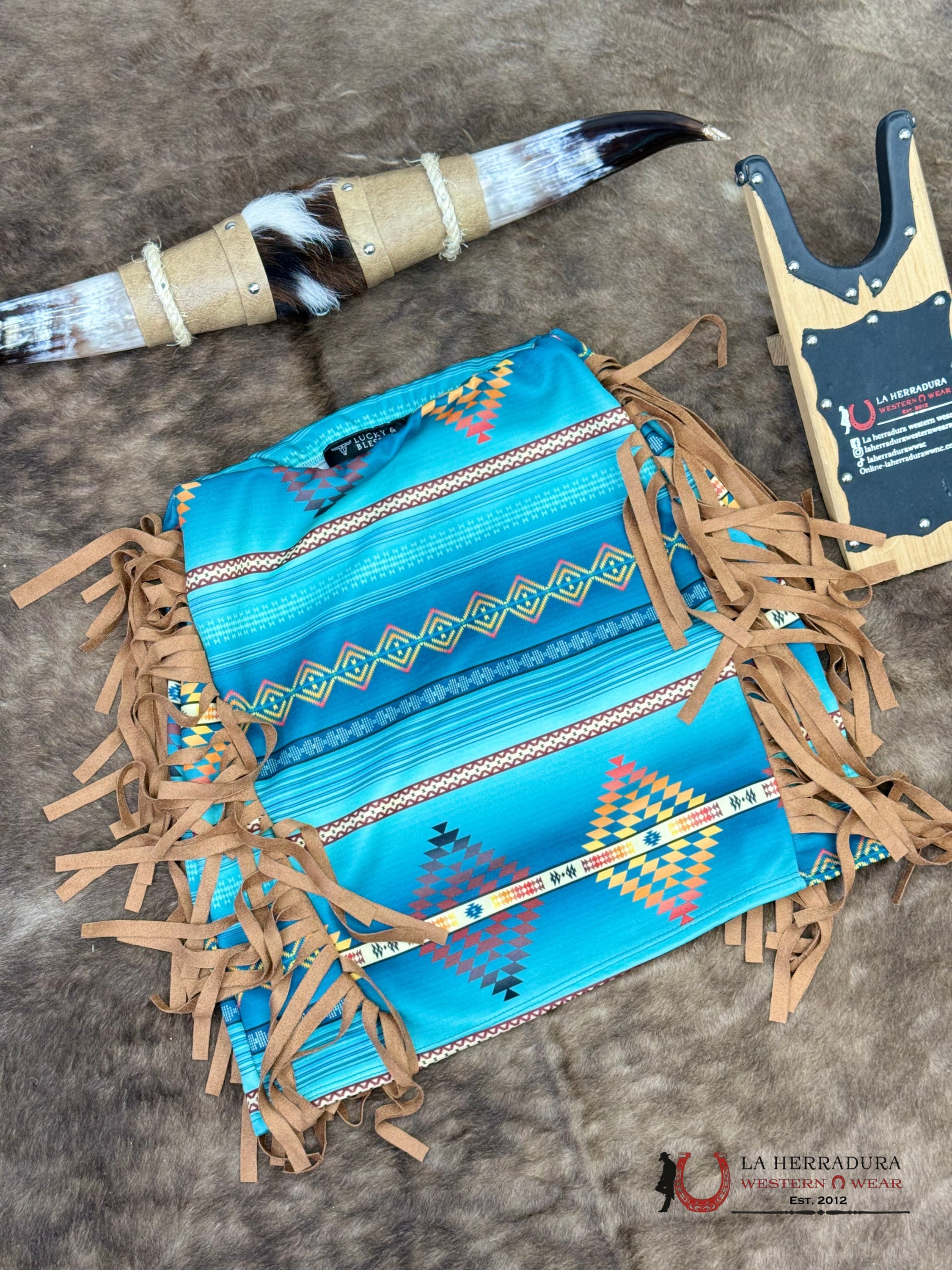 Lucky And Bleesed Blue With Multi Color Aztec Print With Fringe Sk ROPA MUJERES