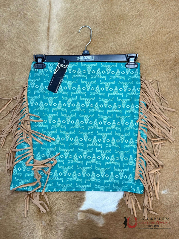 Lucky And Bleesed  Green With Multi Color Aztec Print With Fringe Sk
