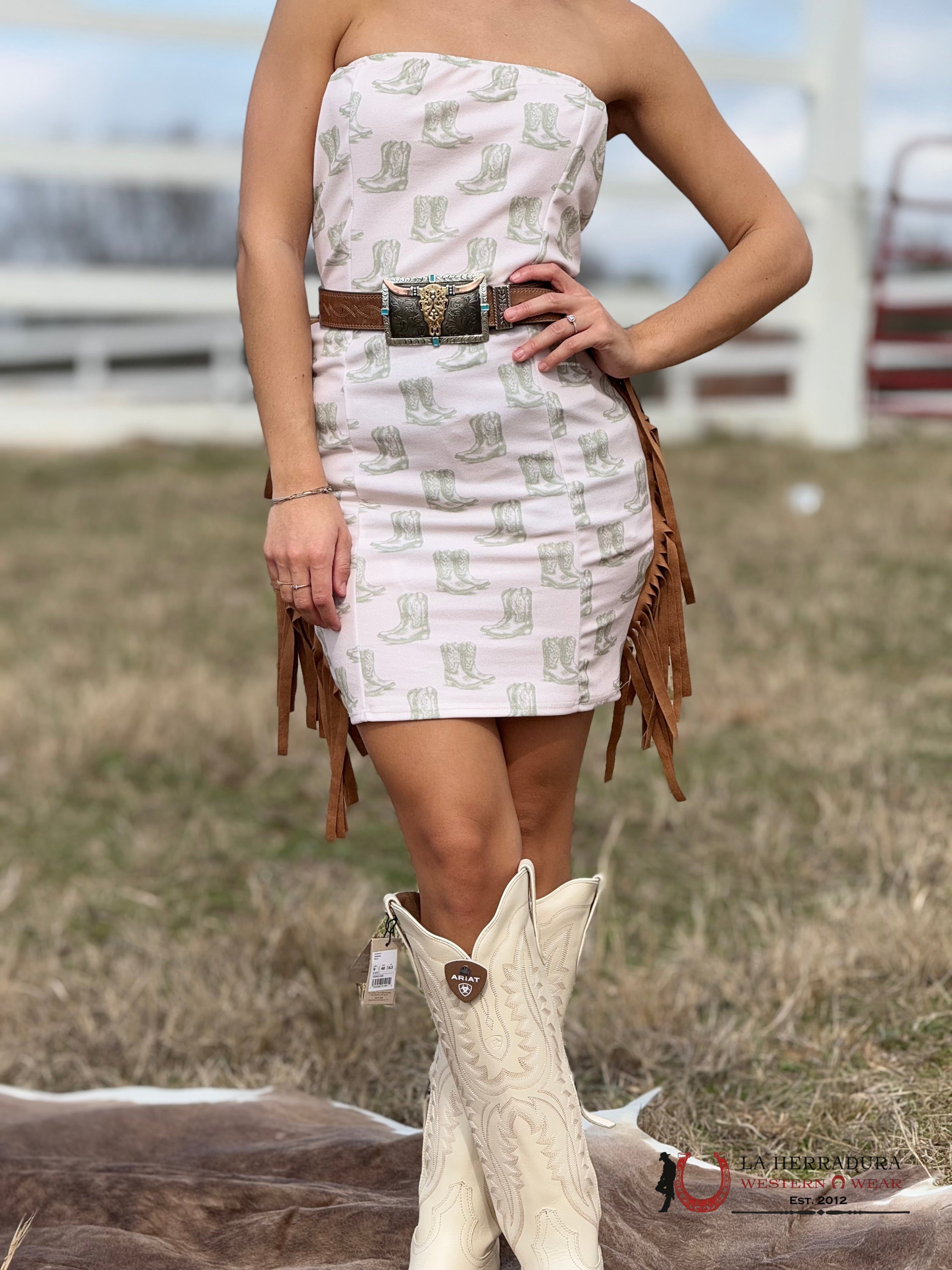 Lucky and Blessed Beige With Green Boots Design With Brown French Dress ROPA MUJERES