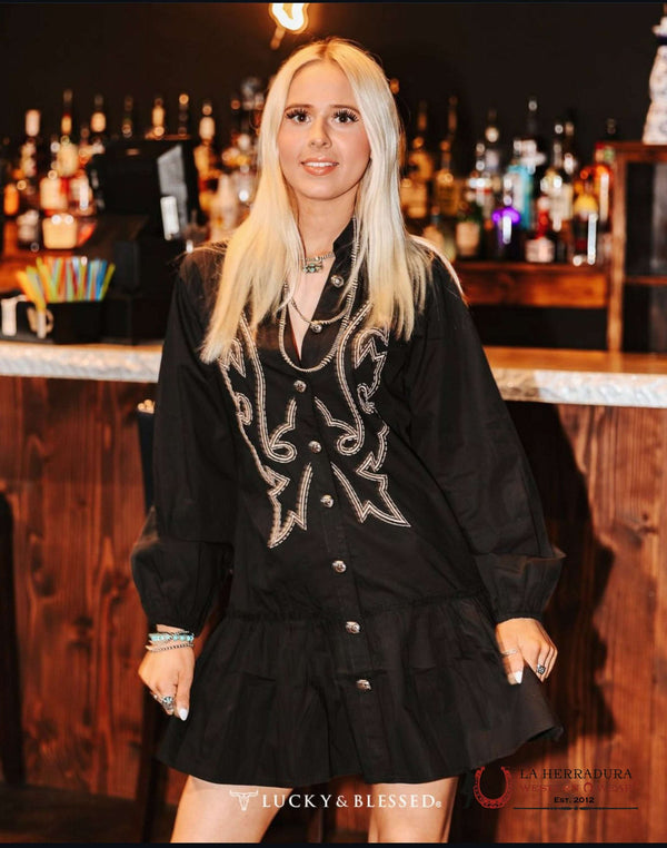 VESTIDO DE MANGA LARGA NEGRO CON ESTAMPADO VAQUERO "MUJER AFORTUNADA Y BENDECIDA"