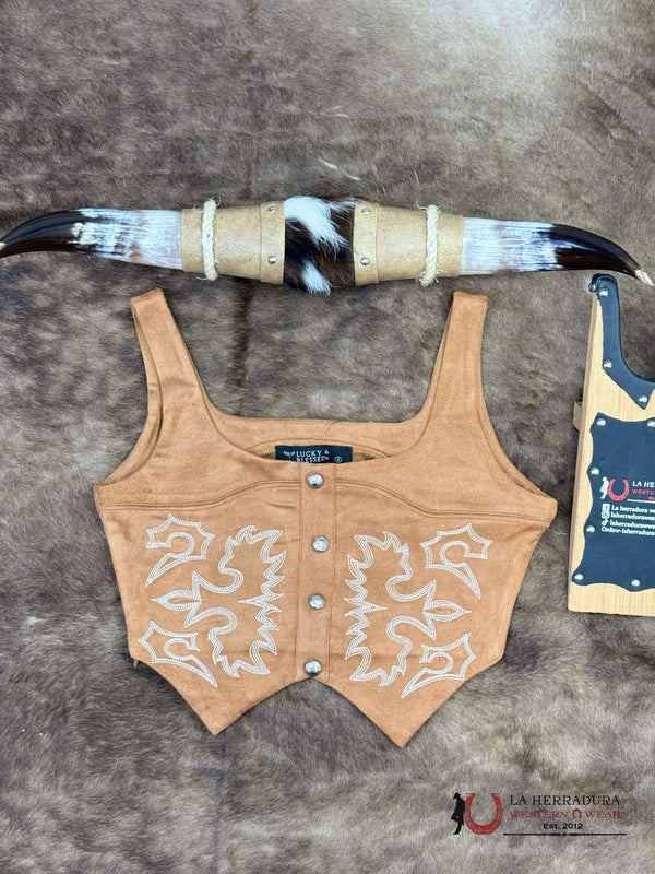 Lucky and Blessed Brown Crop Top/Tank Top With White Stiching