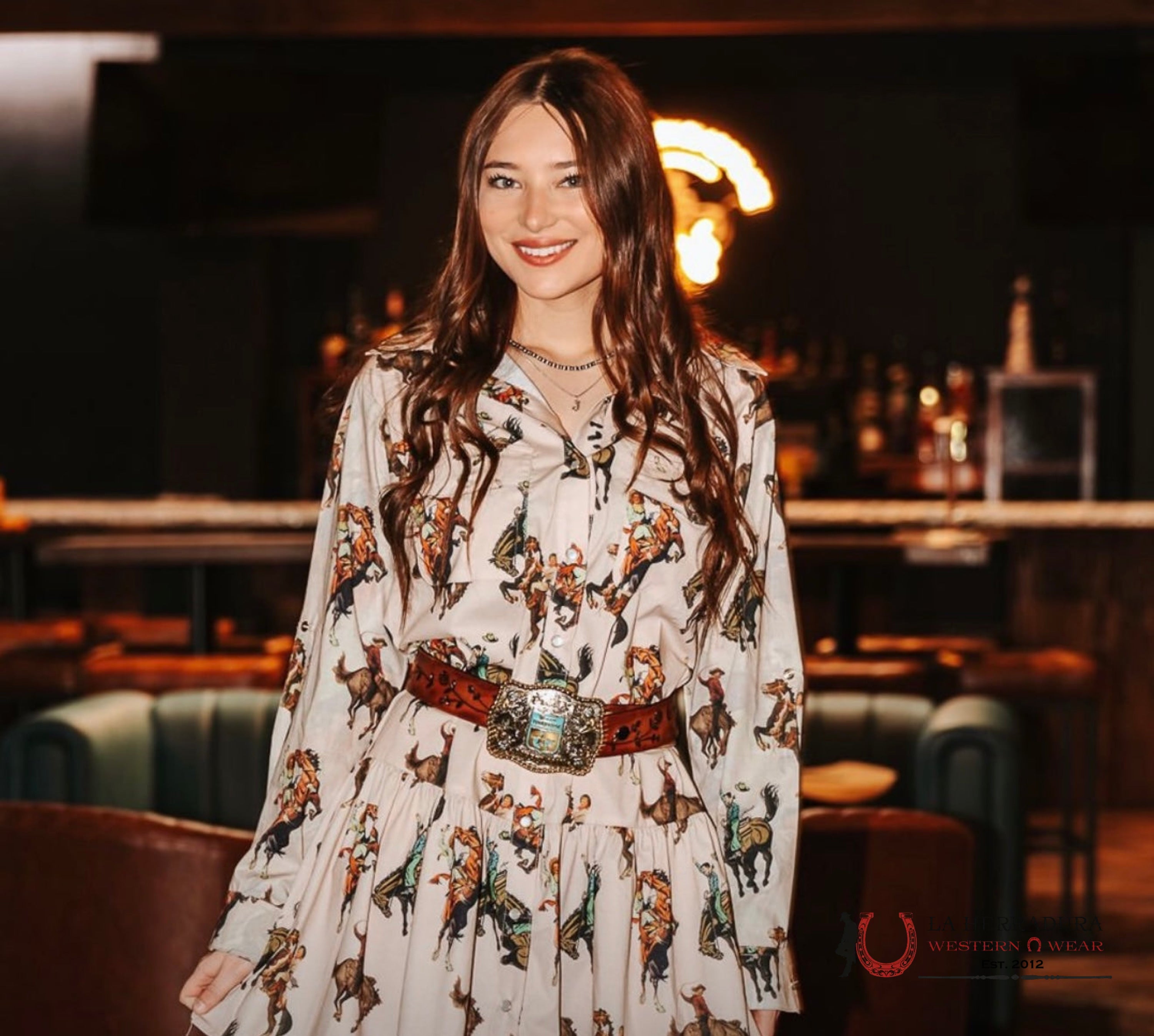 Lucky And Blessed Brown Long Sleeve With Cowboy Print Dress ROPA MUJERES