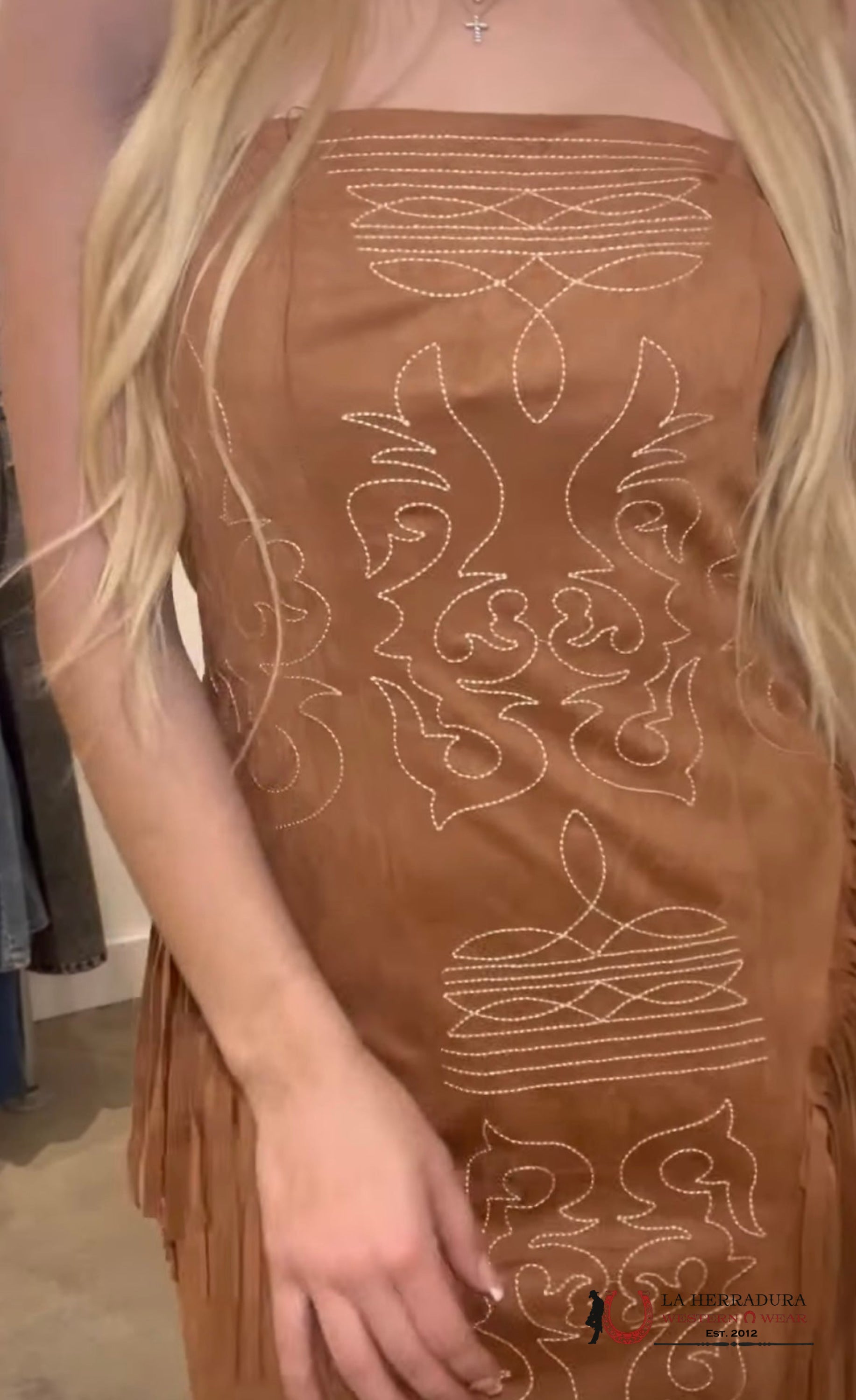 Lucky And Blessed Brown Strapless Dress With Fringe And White Stiching ROPA MUJERES