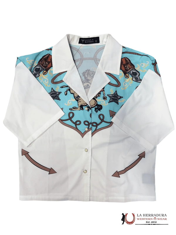 Camiseta de manga corta Lucky and Blessed con diseño de vaquero/flecos TO913