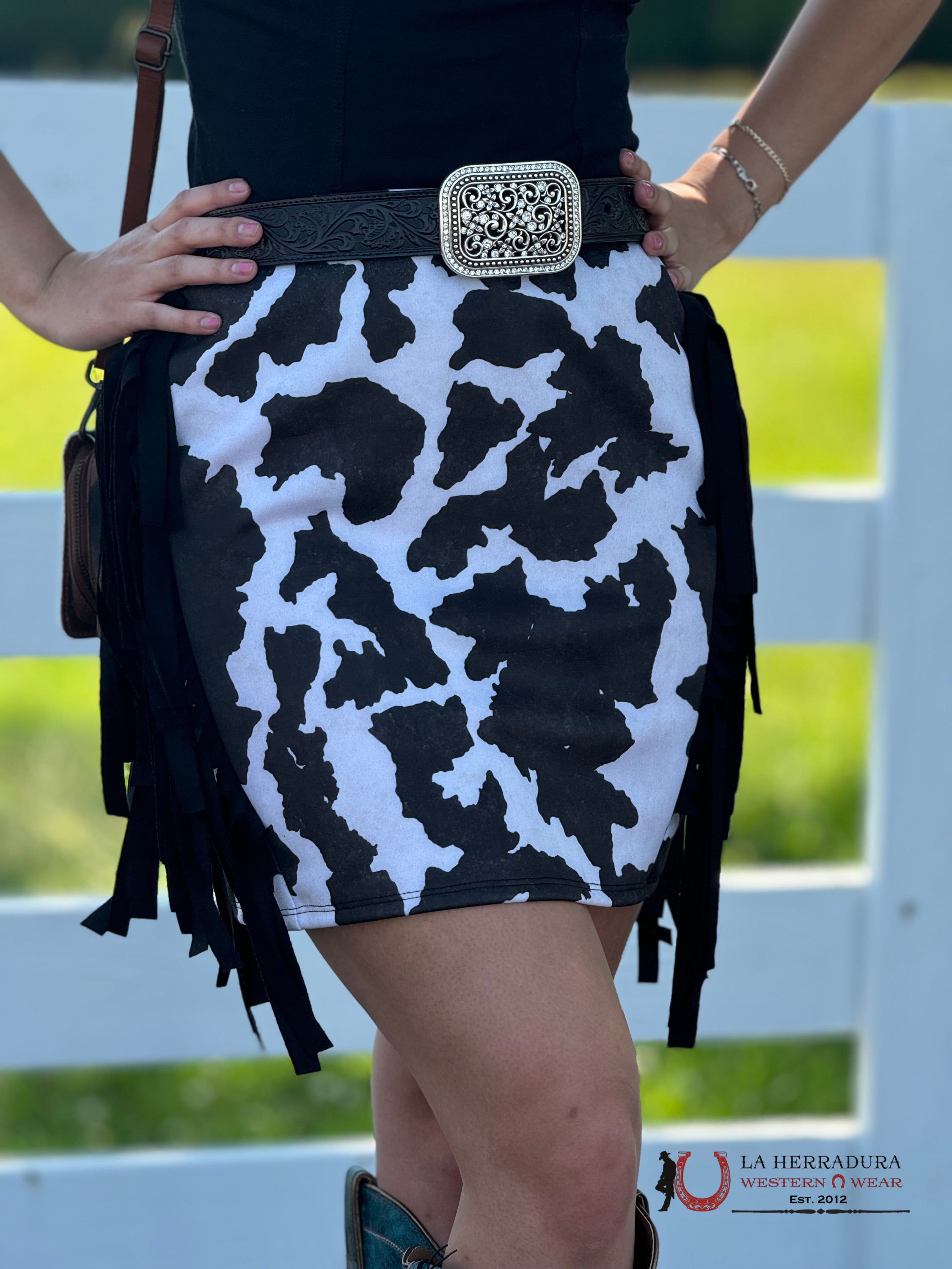 Lucky And Bleesed White/Black With Cow Print With Fringe Skirt ROPA MUJERES