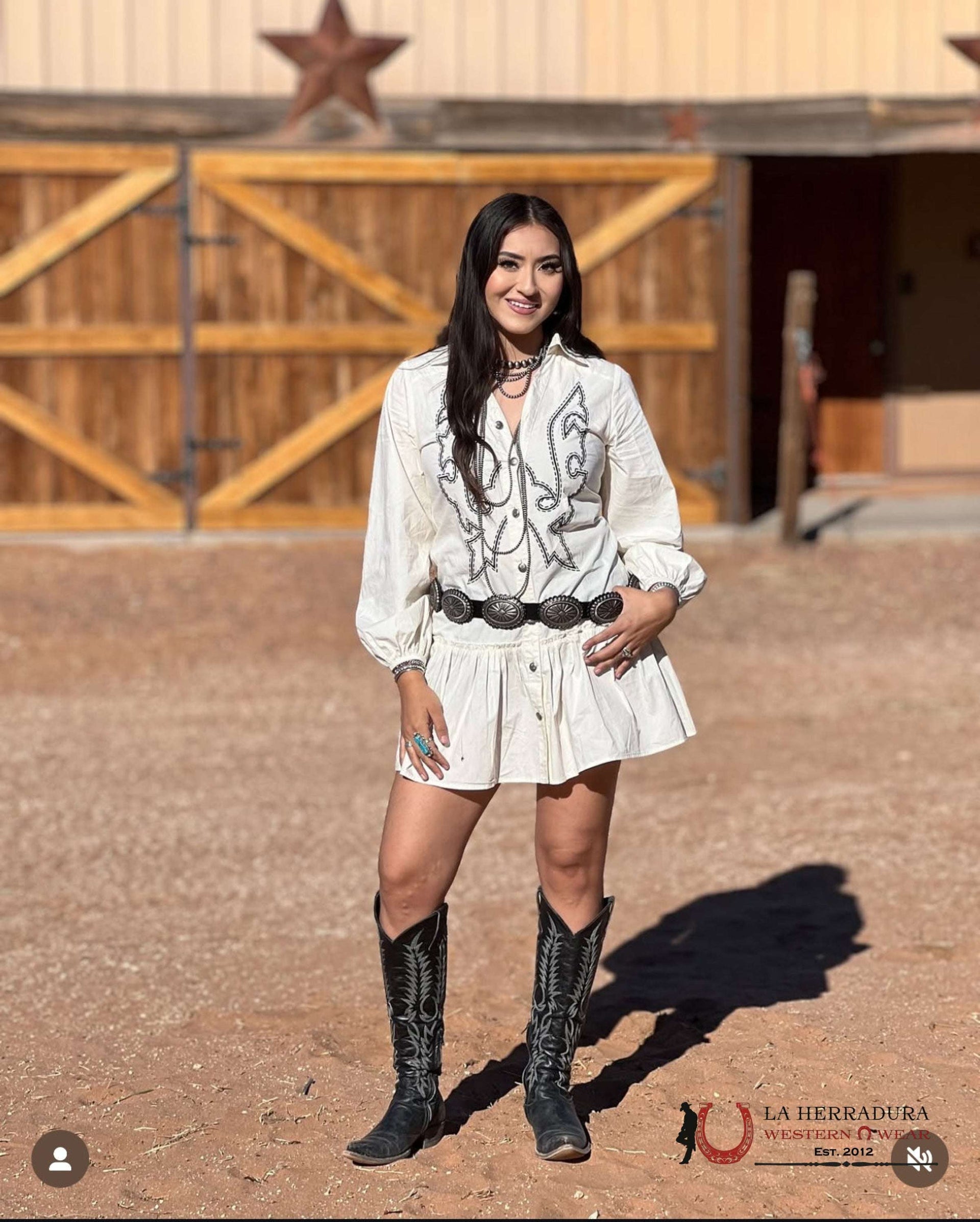 LUCKY WOMAN AND BLESSED WHITE LONG SLEEVE WITH COWBOY PRINT DRESS –