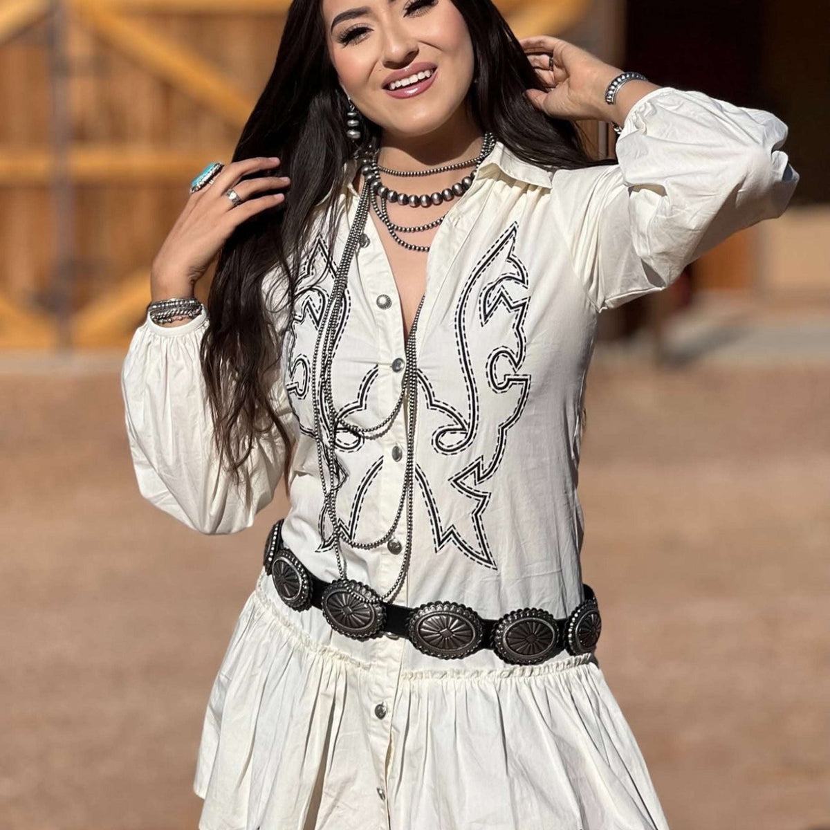 LUCKY WOMAN AND BLESSED WHITE LONG SLEEVE WITH COWBOY PRINT DRESS