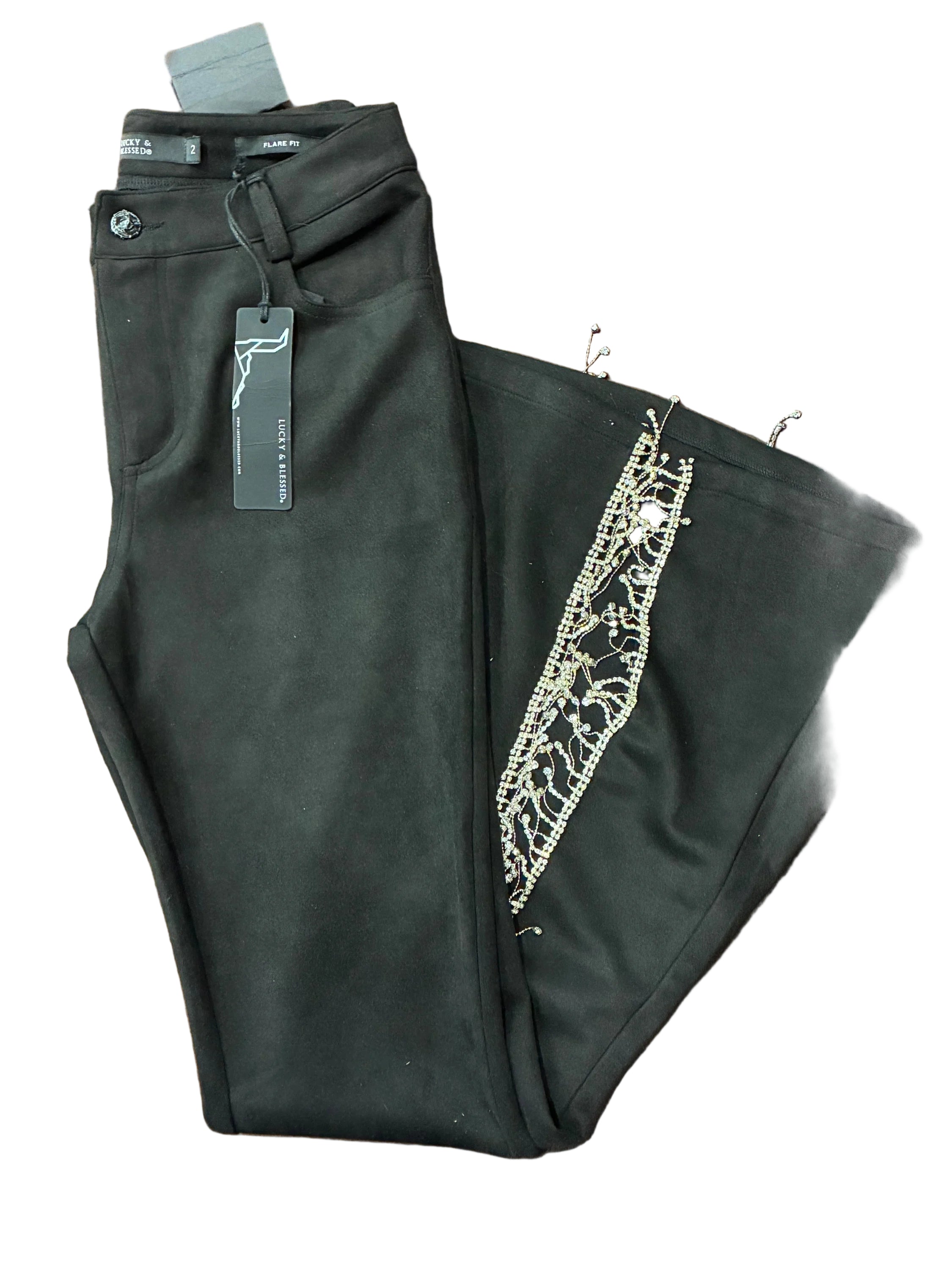 LUCKY & BLESSED BLACK CRYSTAL EMBELLISHED JEANS ROPA MUJERES