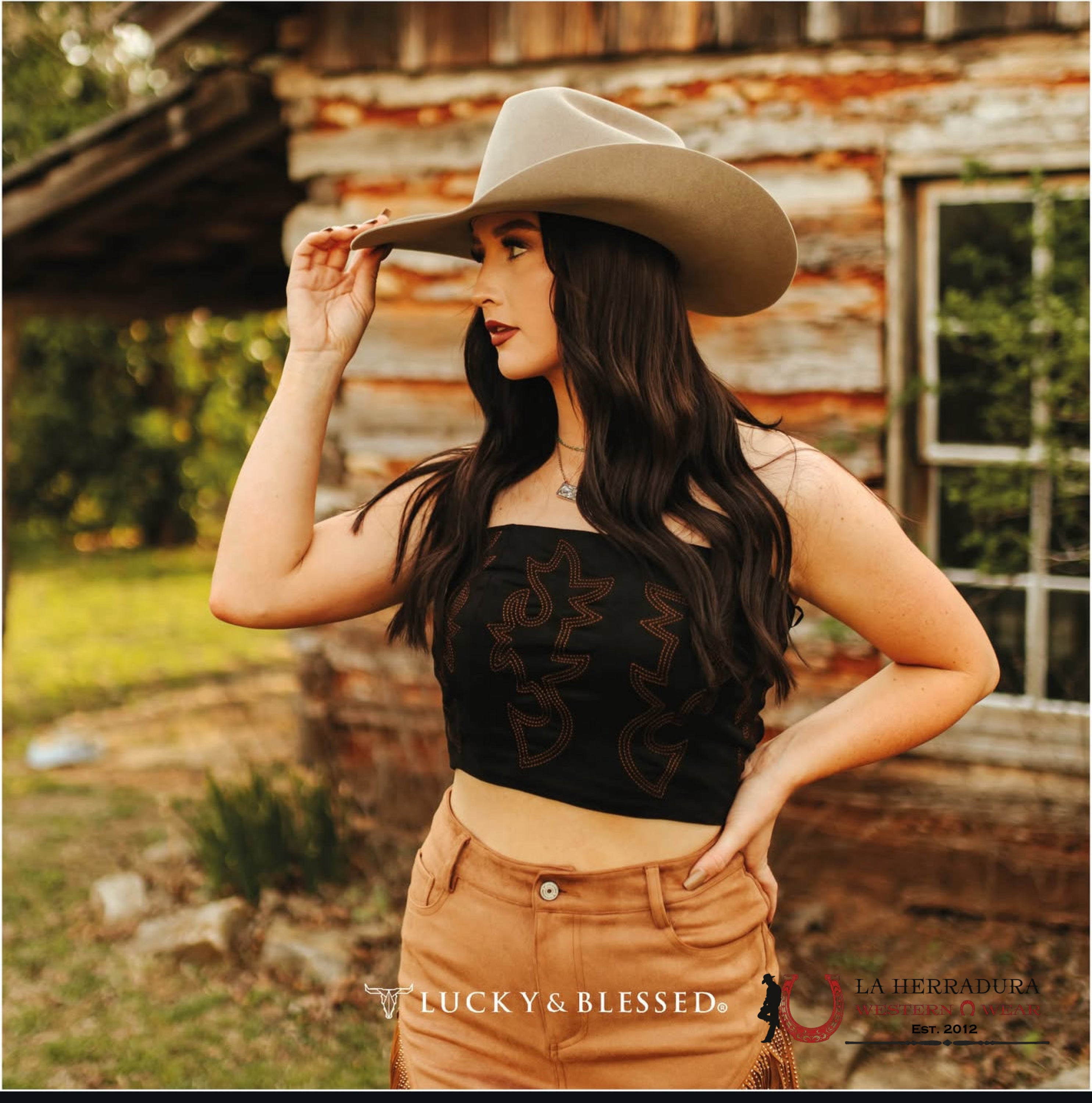 Lucky & Blessed Black top with brown print TO655 ROPA MUJERES