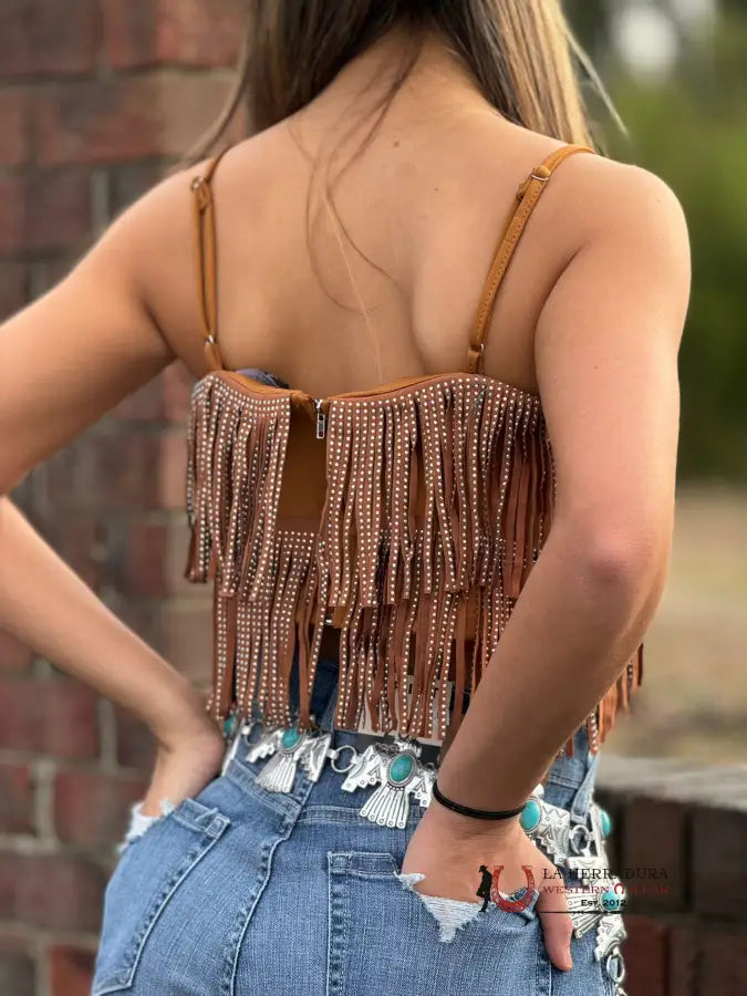 Lucky & Blessed Chestnut Fringed Embellished Spaghetti Strap Ropa Mujeres