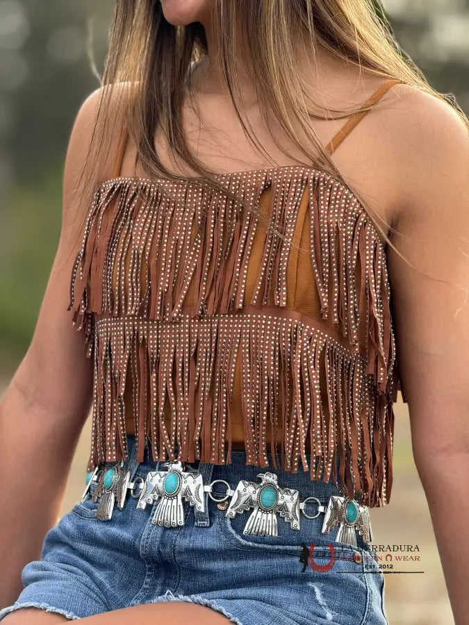 Lucky & Blessed Chestnut Fringed Embellished Spaghetti Strap Ropa Mujeres