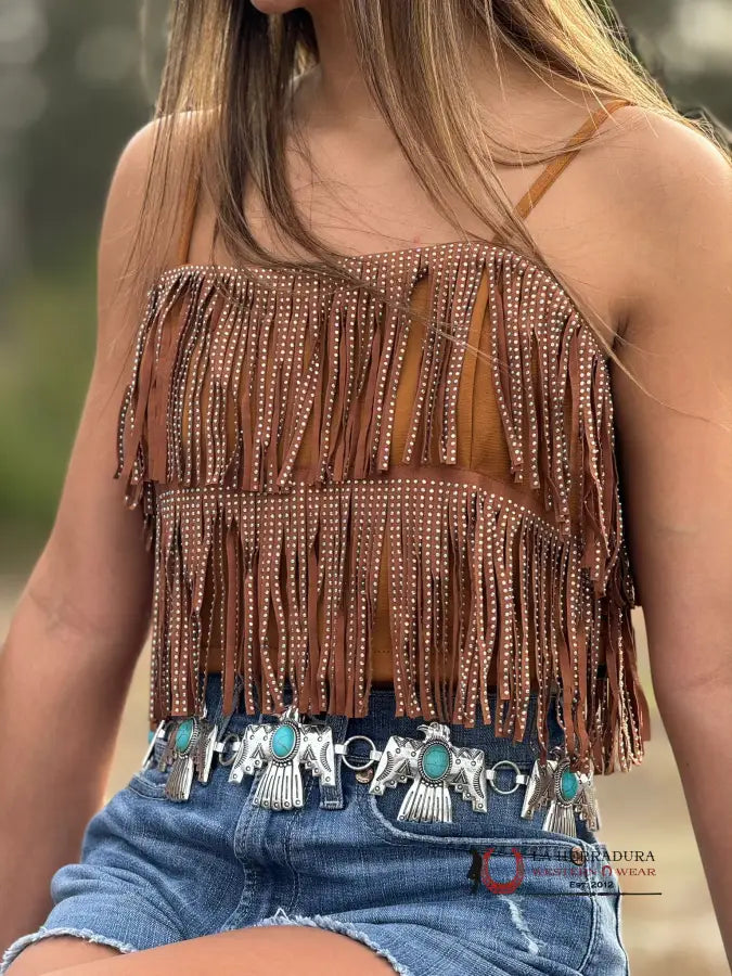 Lucky & Blessed Chestnut Fringed Embellished Spaghetti Strap Ropa Mujeres