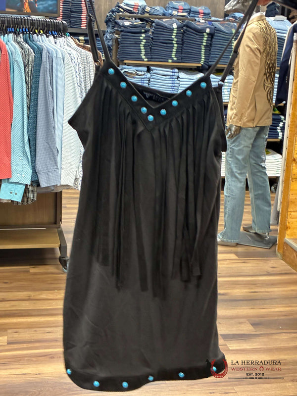 VESTIDO NEGRO CON FLECOS "CHICA AFORTUNADA Y BENDECIDA"
