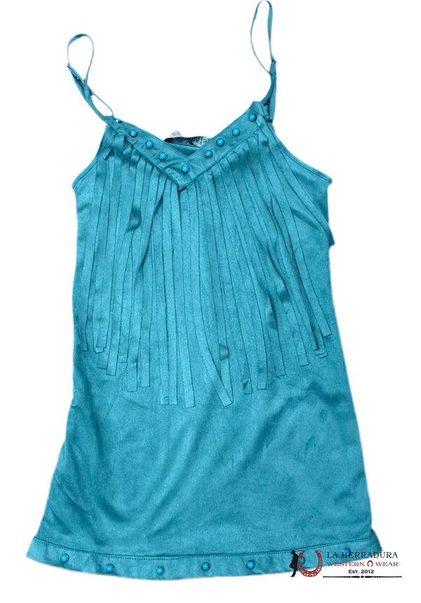 VESTIDO TURQUESA CON FLECOS "LUCKY & BLESSED GIRL"