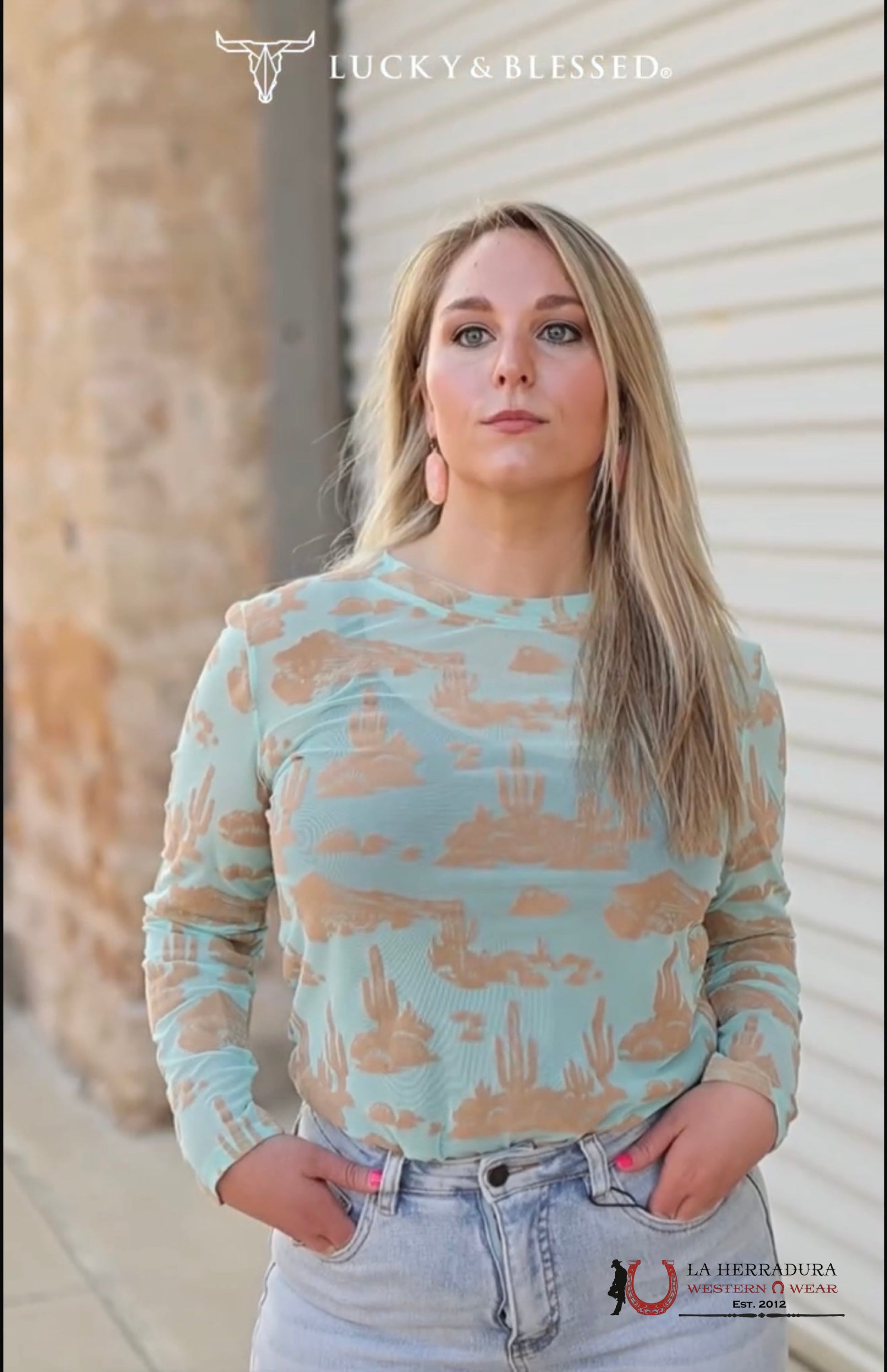 Lucky & Blessed Green long sleeved blouse with western gamusa print TO1069 ROPA MUJERES