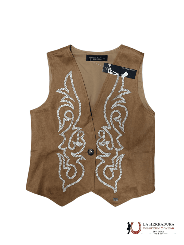 CHALECO COLOR CAMEL CON BORDADO BEIGE "LUCKY & BLESSED"