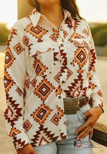 Camiseta de manga larga LUCKY & BLESSED para mujer con estampado azteca blanco