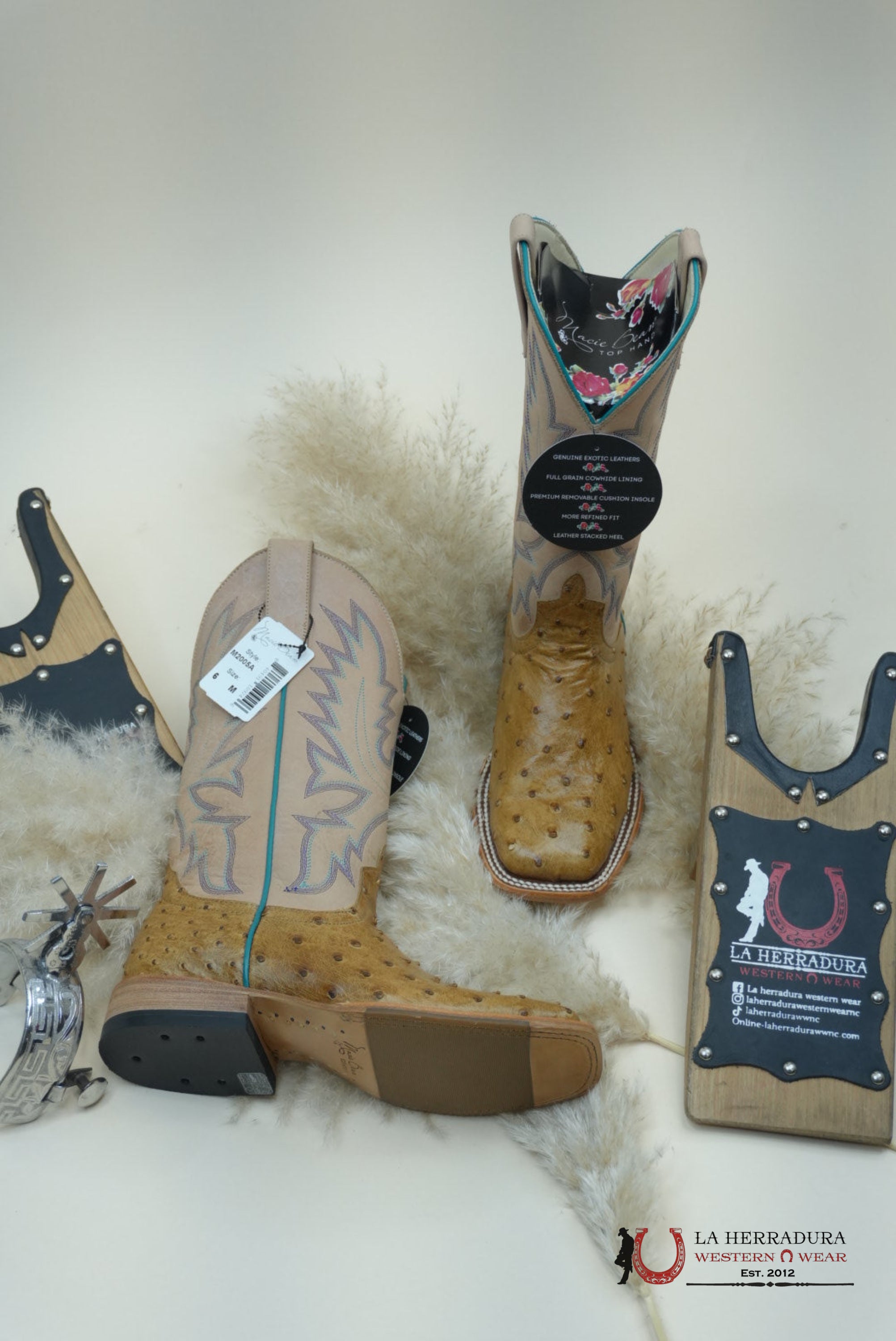 Macie Beam Antique Saddle Fq Ostrich Bleached Bone Botas Mujeres