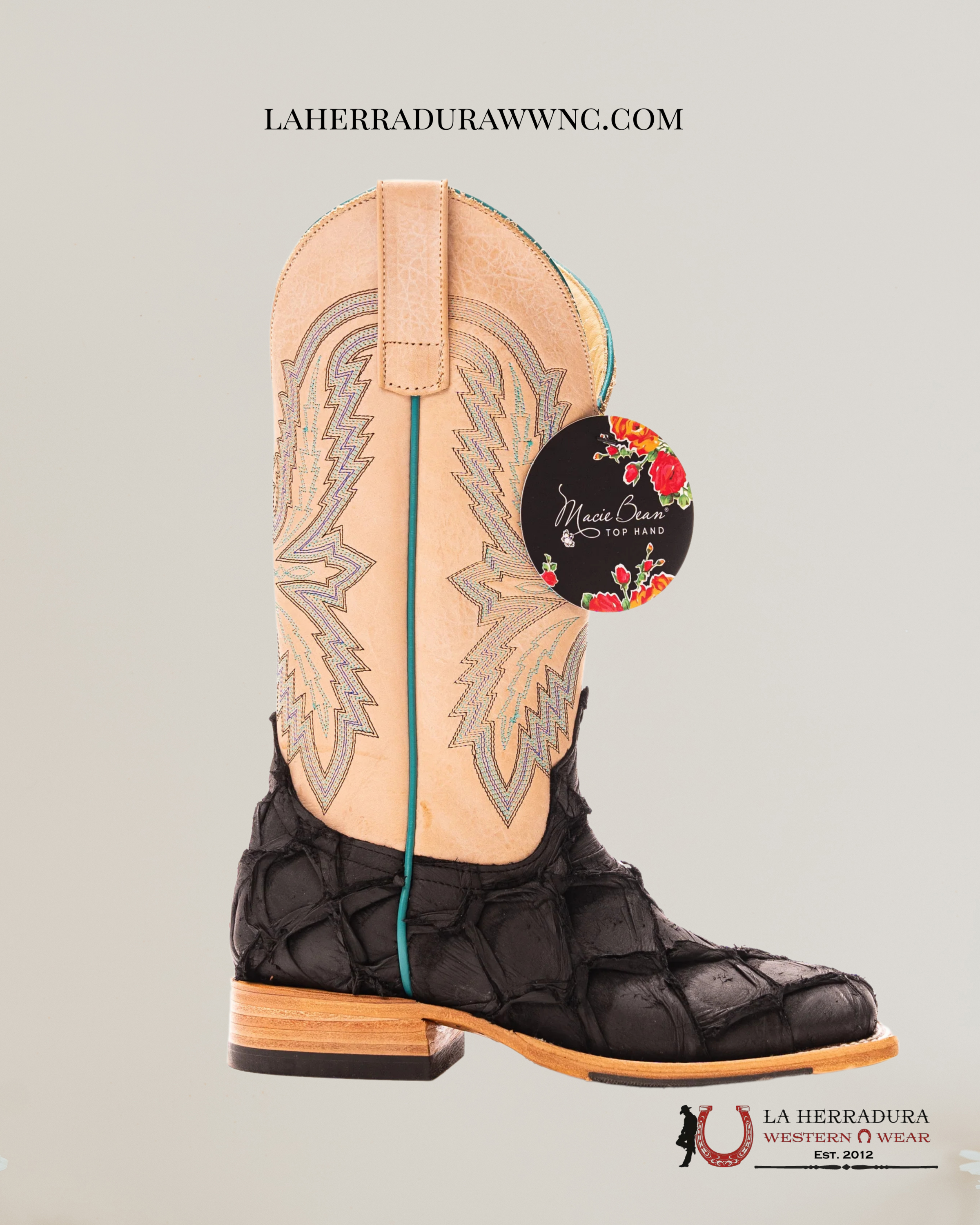 MACIE BEANS BLACK MATTE BIG BASS FISH 12” BLEACHED BONE BOTAS MUJERES