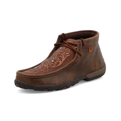 TWISTED X WOMENS DRIVING MOCS BROWN TOOLED FLOWERS CASUAL SHOES -WDM0081