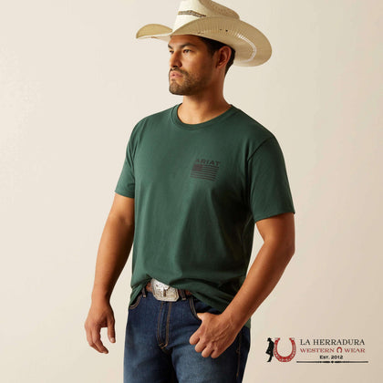 MEN ARIAT T-SHIRT RUSTIC WOOD FLAG FOREST GREEN 10058890