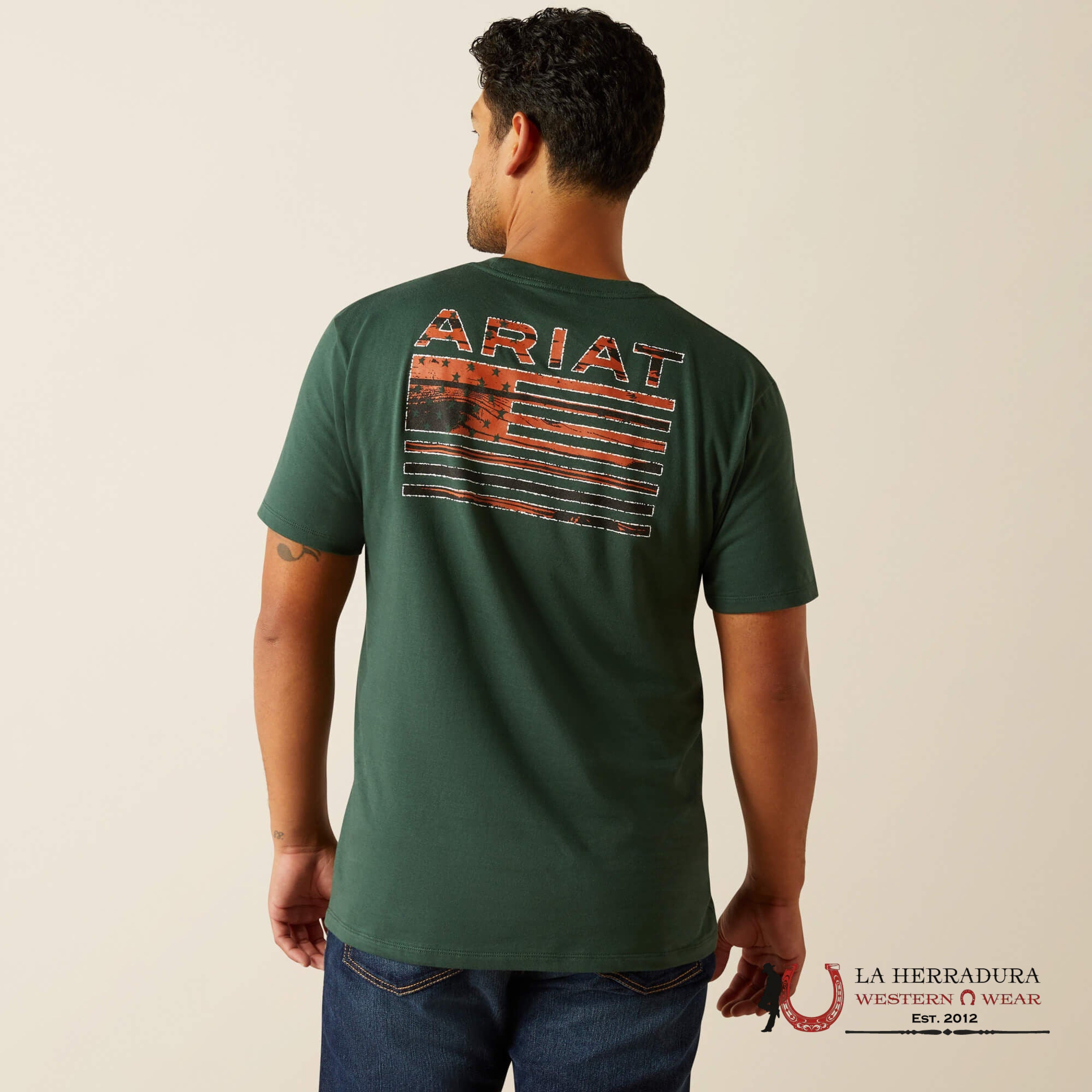 MEN ARIAT T-SHIRT RUSTIC WOOD FLAG FOREST GREEN 10058890 ROPA HOMBRES