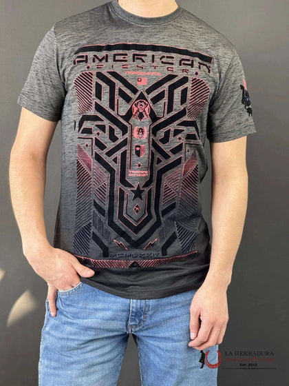 MENS AMERICAN FIGHTER T-SHIRT- GREY ROMAN BLACK /RED