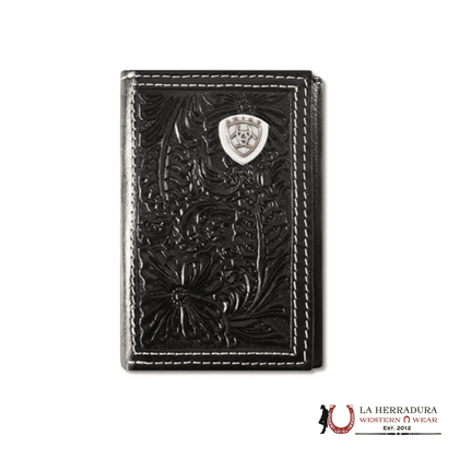 MENS ARIAT BLACK HAND TOOLED TRI-FOLD WALLET- A3559901