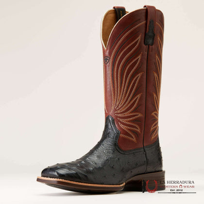 MENS ARIAT BRANDIN YLTRA JET BLACK FULL QUILL OSTRICH ROASTED CHESTNUT 10046962