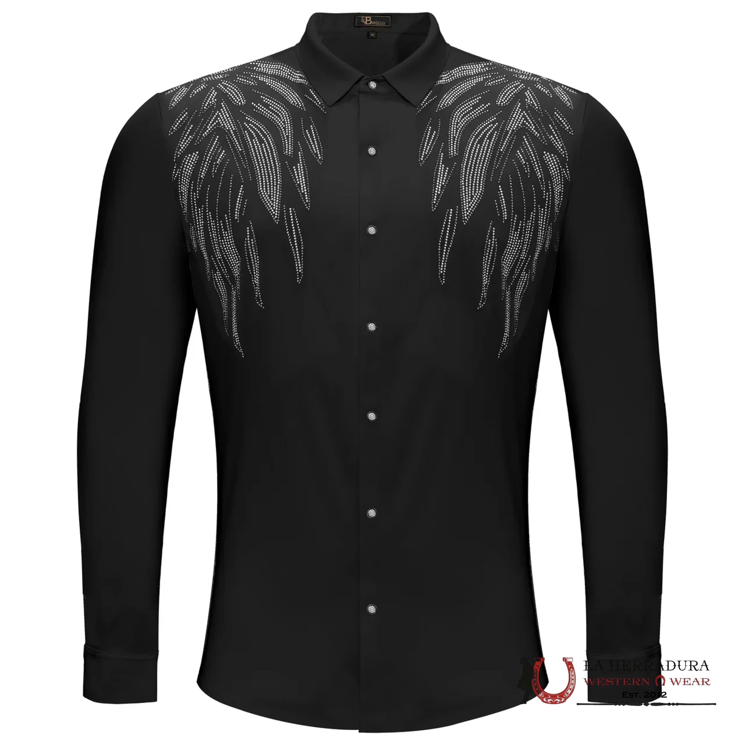 MENS BAROCCO HEAVENLY WINGS BUTTON UP LONGSLEEVE BLACK/SILVER SHIRT ROPA HOMBRES