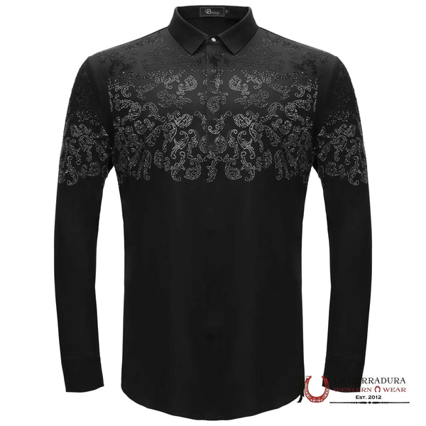 MENS BAROCCO NIGHTFALL CREST BUTTON UP LONGSLEEVE BLACK/GUN SILVER SHIRT B526