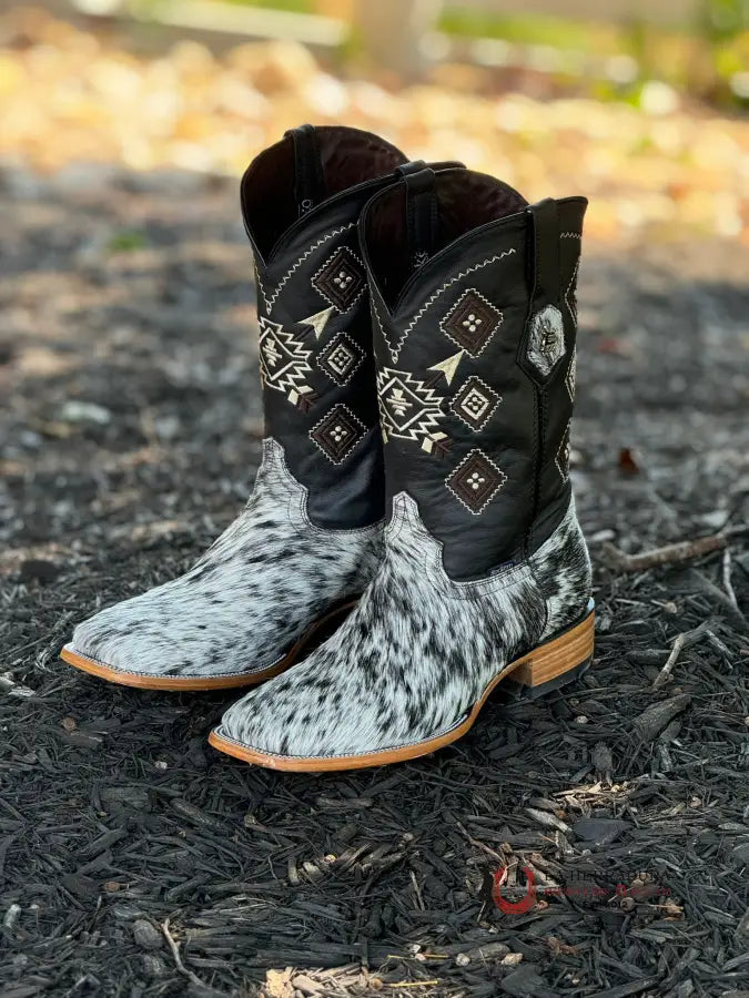 Mens Black & White Cow Hide (Every Pair Is Unique) Botas Hombres