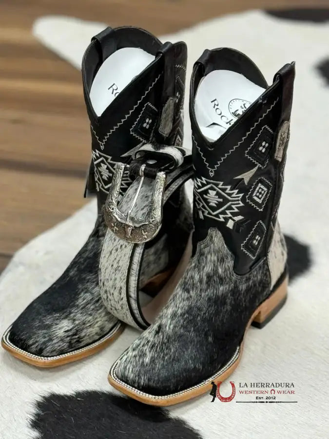 Mens Black & White Cow Hide (Every Pair Is Unique) Botas Hombres