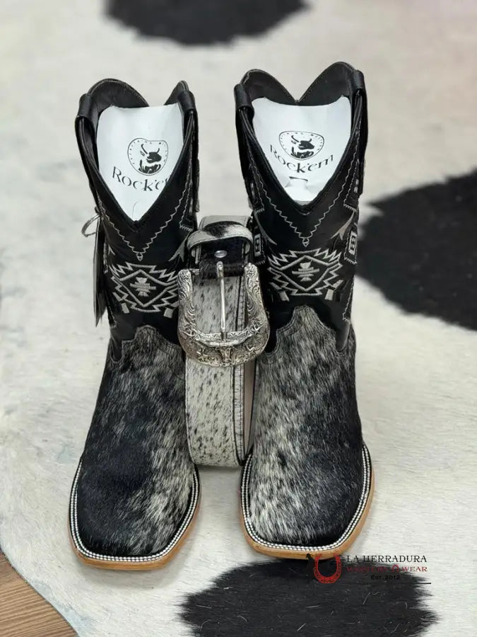 Mens Black & White Cow Hide (Every Pair Is Unique) Botas Hombres