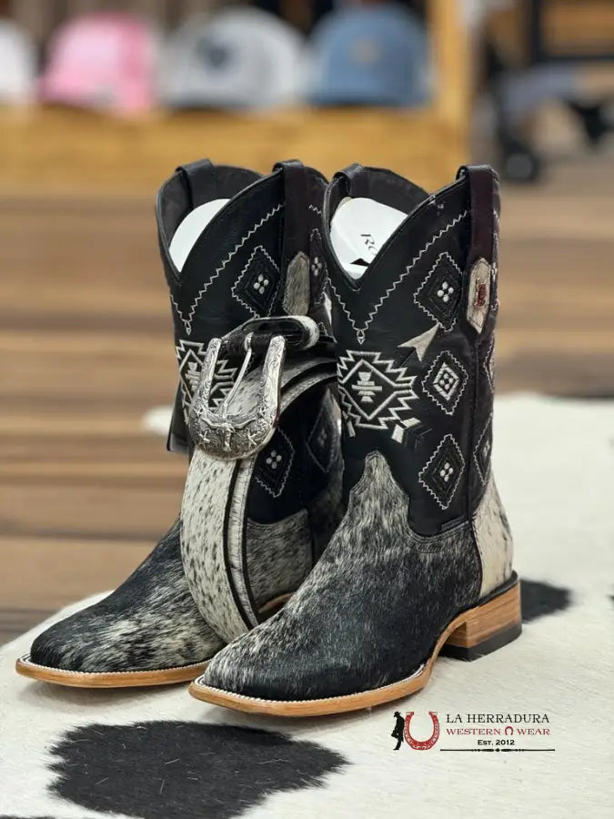 Mens Black & White Cow Hide (Every Pair Is Unique) Botas Hombres