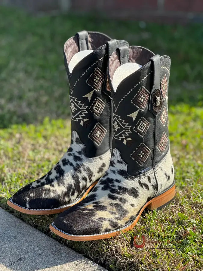 Mens Black & White Cow Hide (Every Pair Is Unique) Botas Hombres