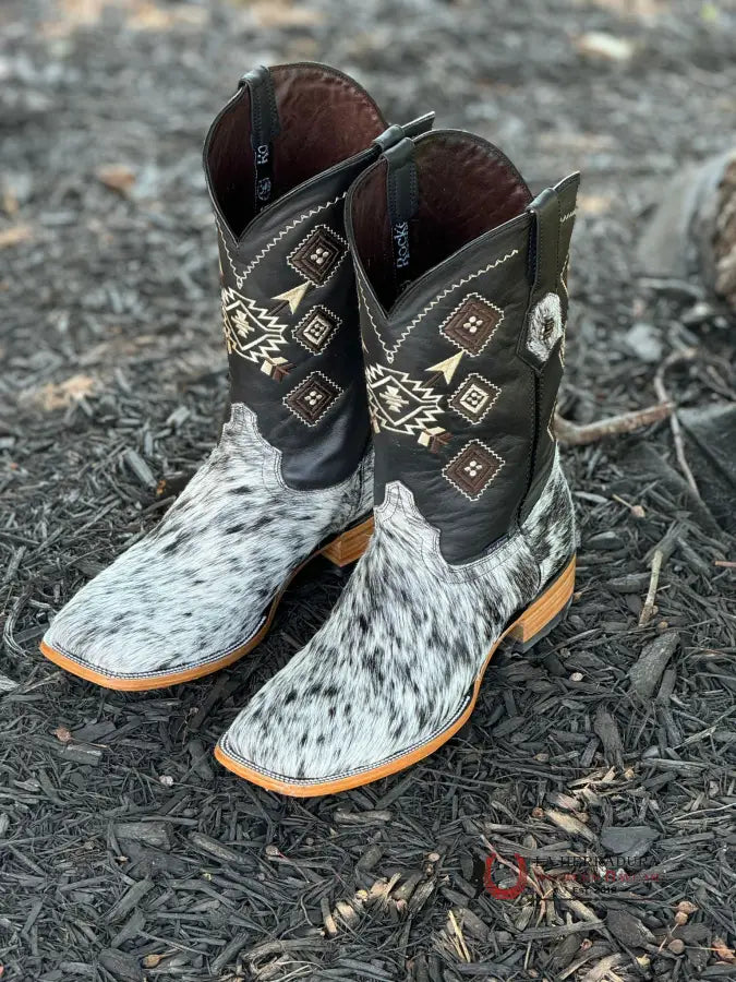 Mens Black & White Cow Hide (Every Pair Is Unique) Botas Hombres