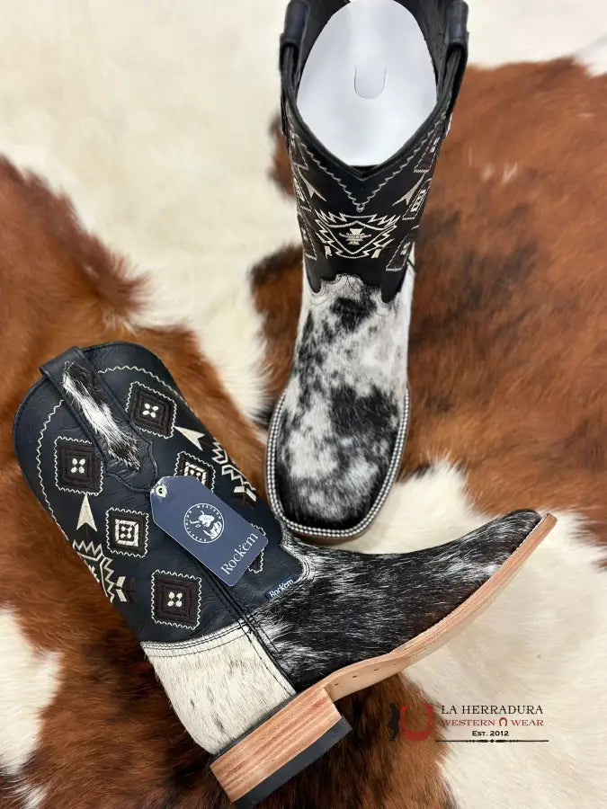 Mens Black & White Cow Hide (Every Pair Is Unique) Botas Hombres