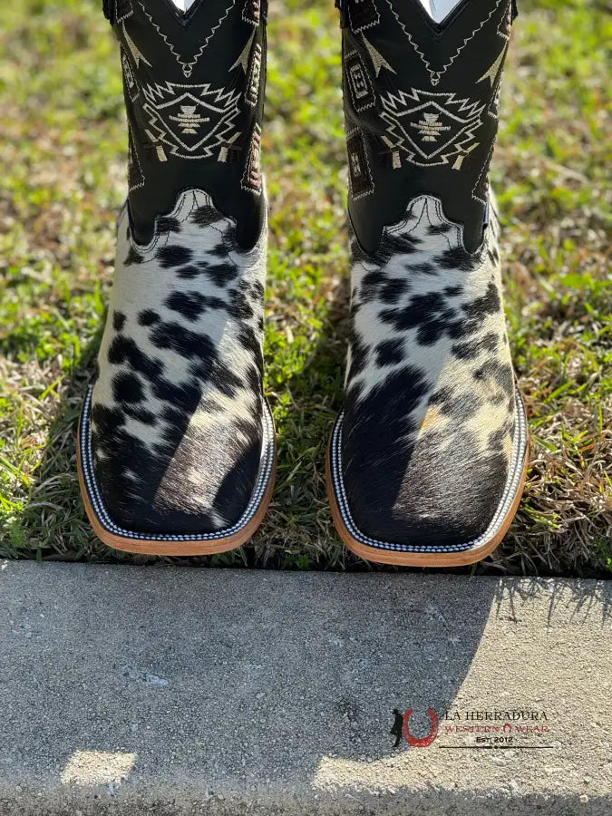 Mens Black & White Cow Hide (Every Pair Is Unique) Botas Hombres