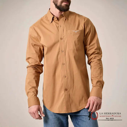 MENS KIM RANCH LONG SLEEVE BUTTON UP BROWN SHIRT