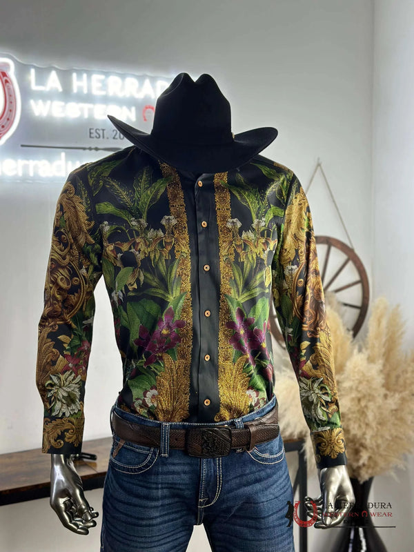 CAMISA NEGRA DE MANGA LARGA CON PEDRERÍA PARA HOMBRE 3SPR428