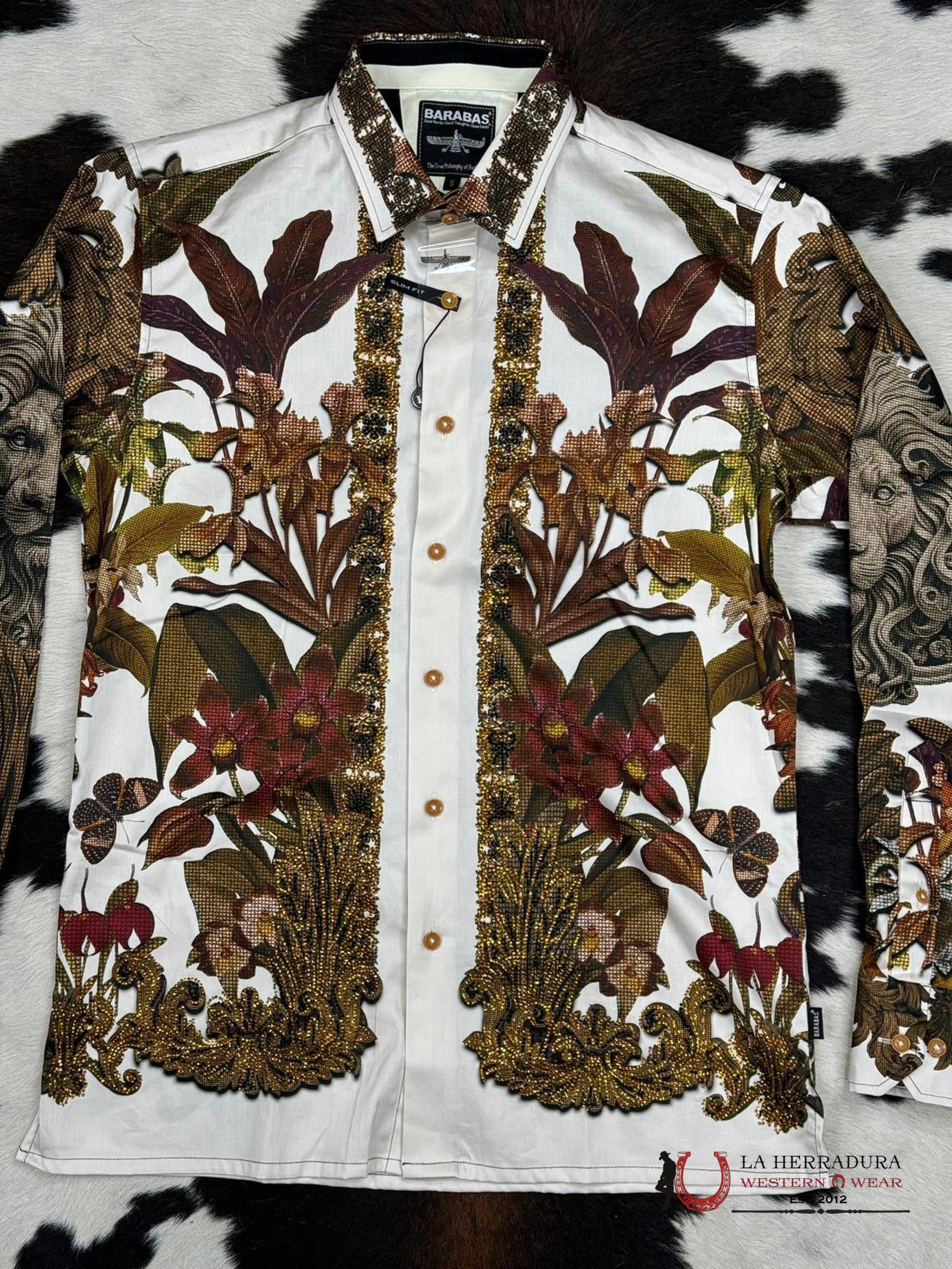 Barabas Pedrería White Floral Leon Long Sleeve Shirt Ropa Hombres