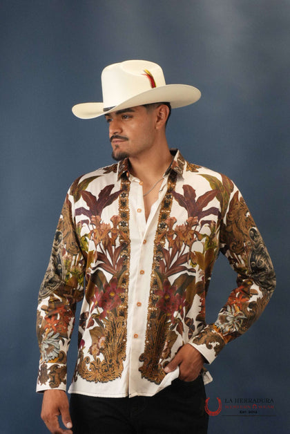 MENS PEDRERIA WHITE FLORAL LEON LONG SLEEVE SHIRT 3SPR428
