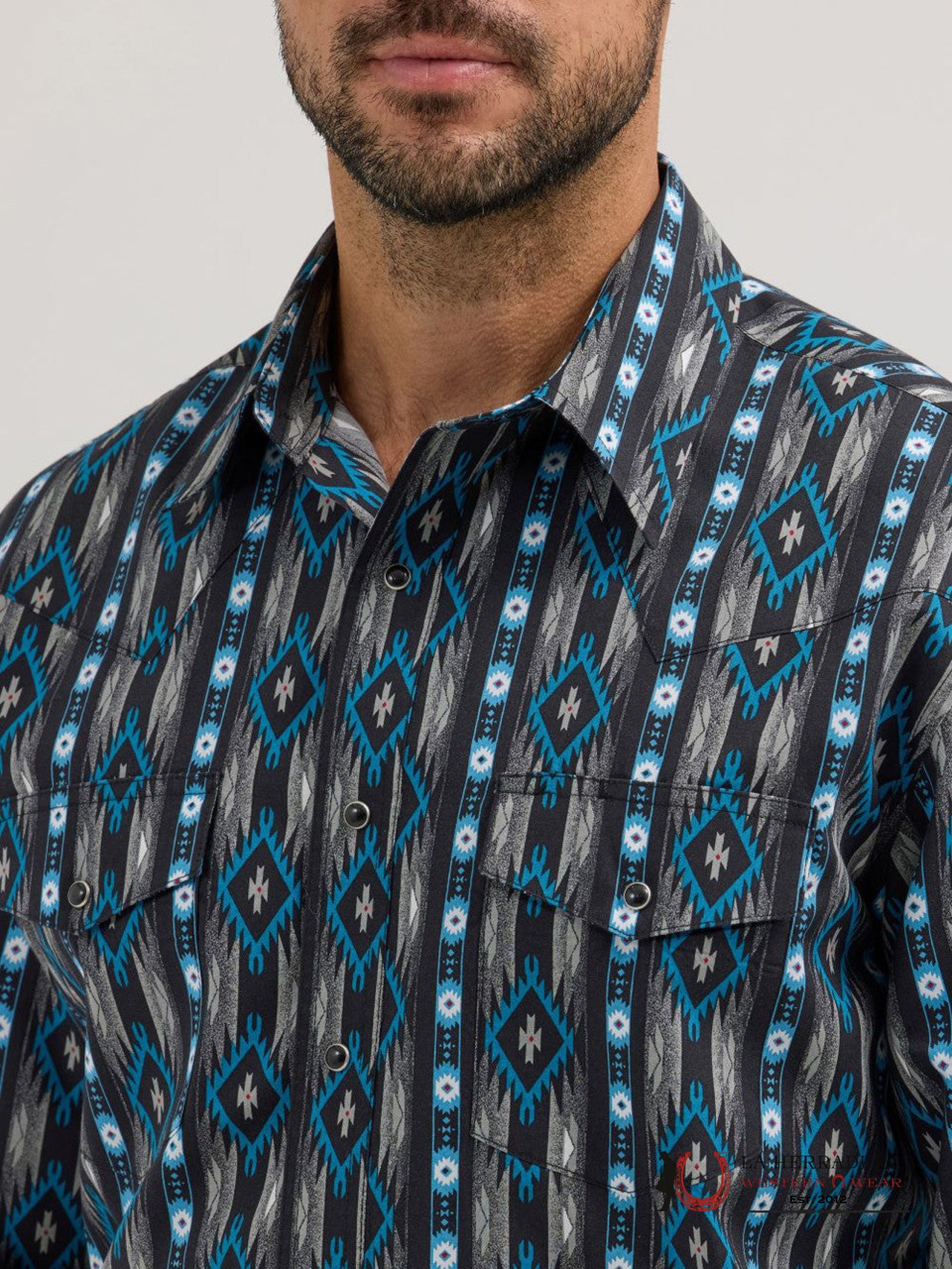 MEN’S WRANGLER AZTEC PRINT LONG SLEEVE SHIRT BLACK/BLUE 5377 ROPA HOMBRES