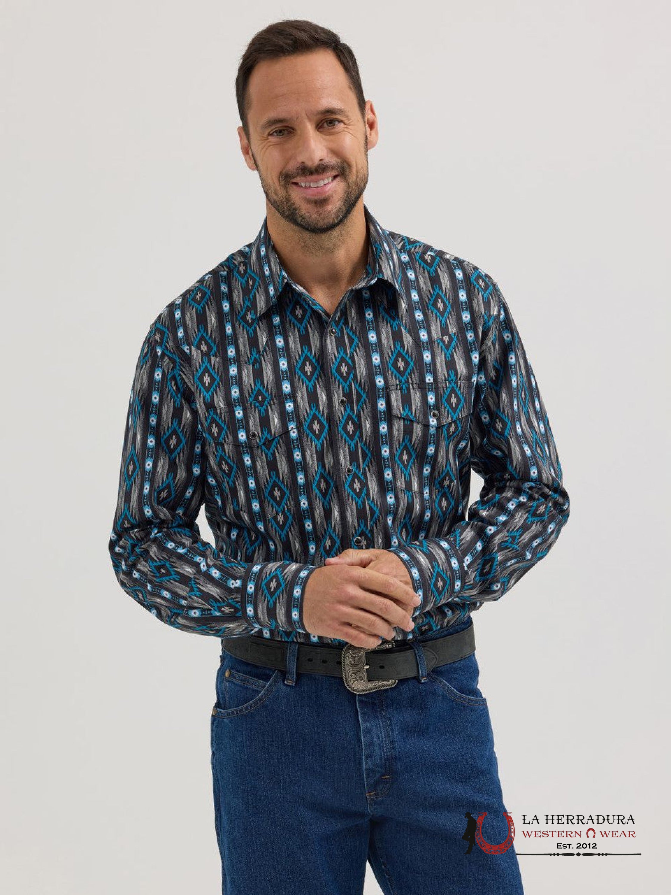 MEN’S WRANGLER AZTEC PRINT LONG SLEEVE SHIRT BLACK/BLUE 5377 ROPA HOMBRES