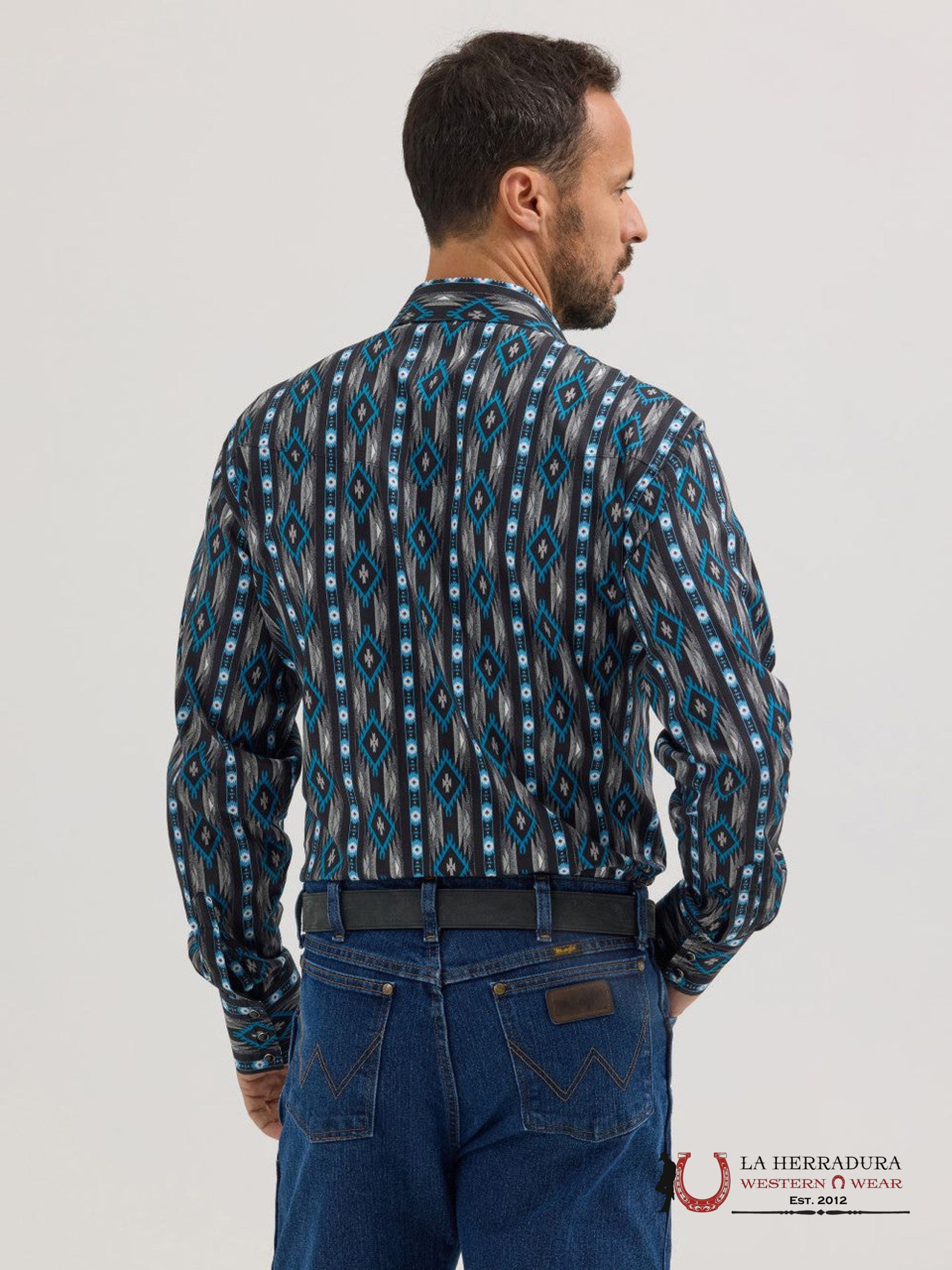 MEN’S WRANGLER AZTEC PRINT LONG SLEEVE SHIRT BLACK/BLUE 5377 ROPA HOMBRES