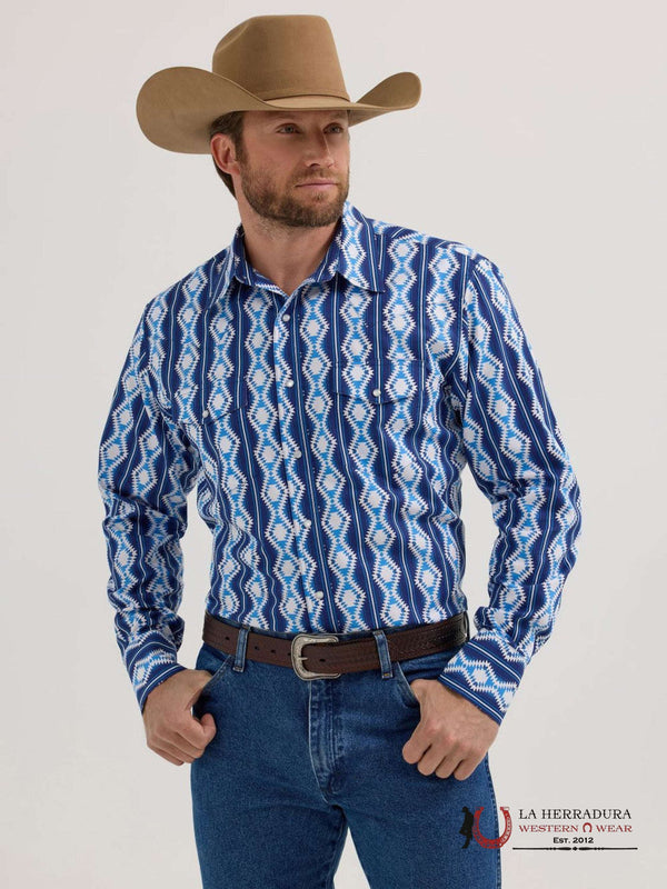 MENS WRANGLER  AZTEC PRINT LONG SLEEVE SHIRT BLUE - 112355375
