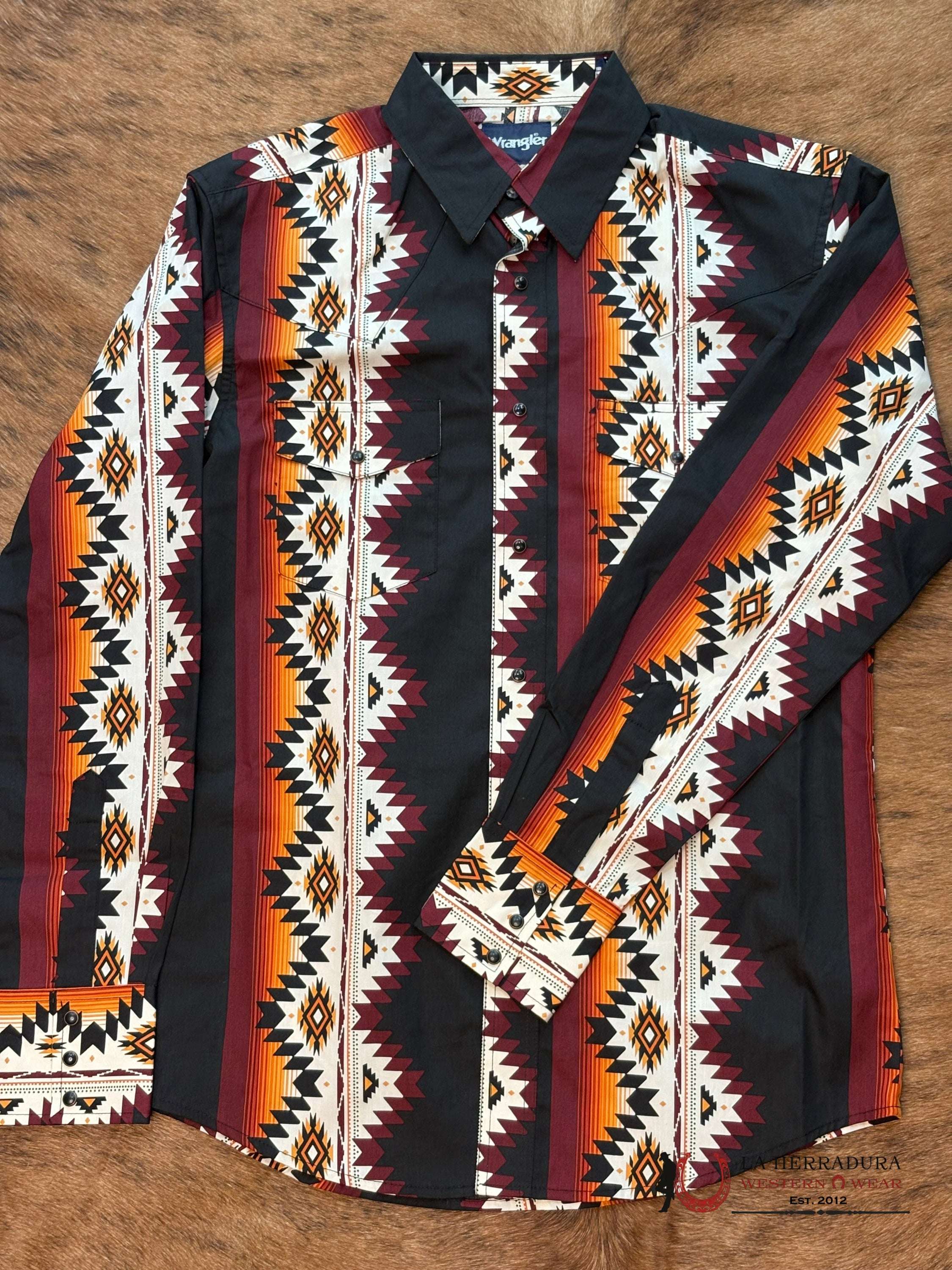 MEN'S WRANGLER CHECOTAH BLACK/ORANGE AZTEC PRINT LONG SLEEVE SHIRT - 1