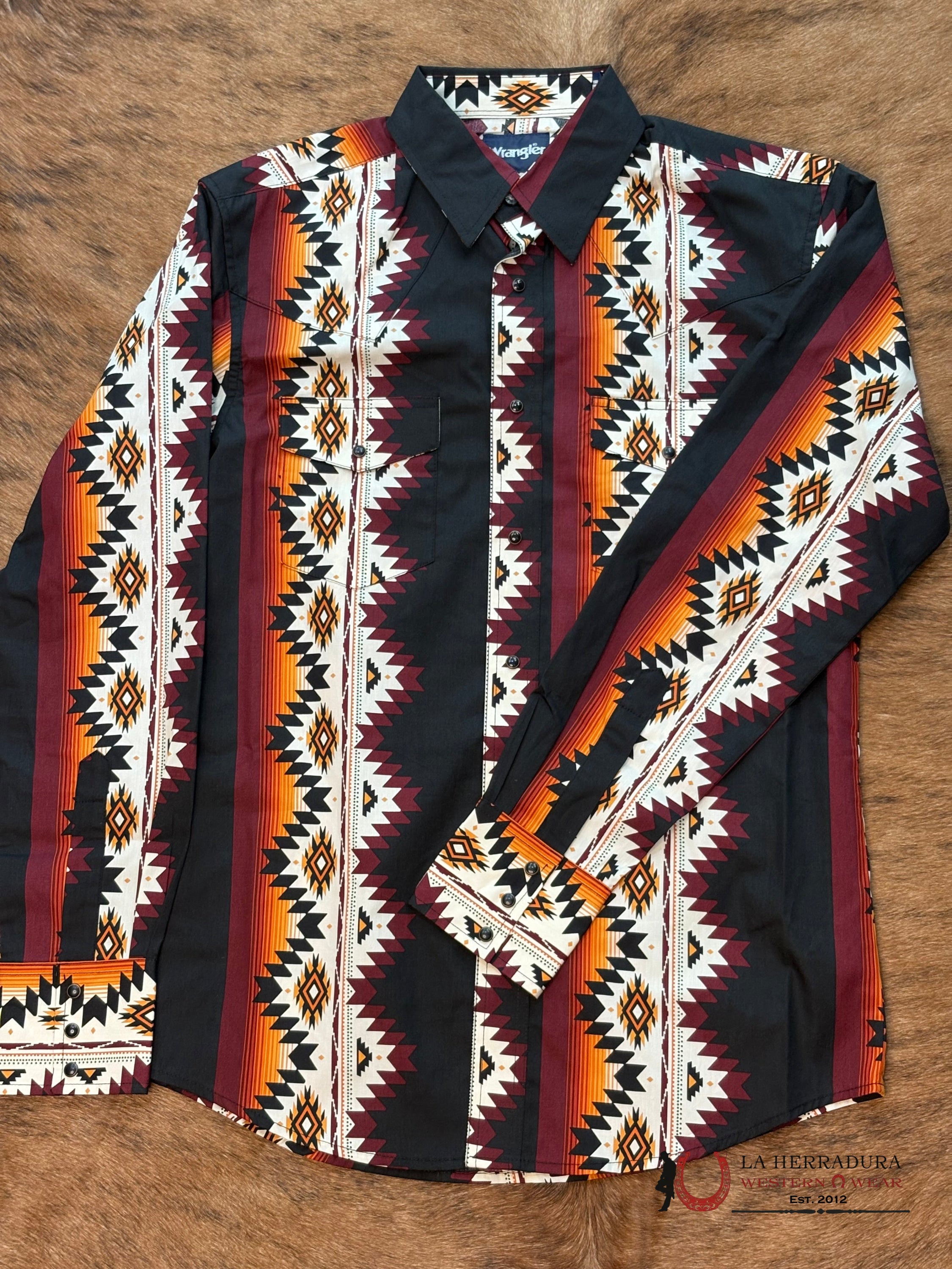 MEN’S WRANGLER CHECOTAH BLACK/ORANGE AZTEC PRINT LONG SLEEVE SHIRT - 112367723 ROPA HOMBRES