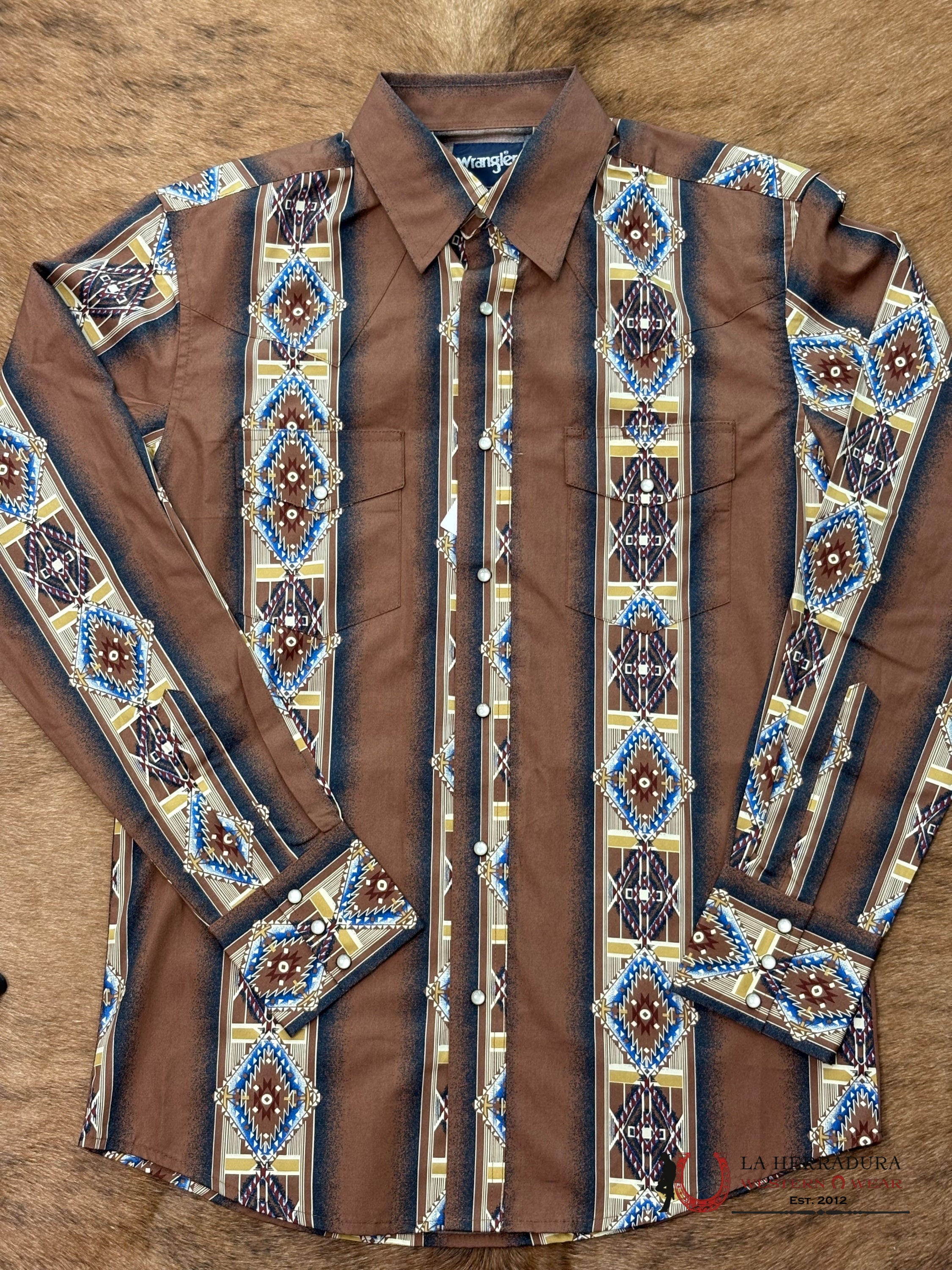 MEN’S WRANGLER CHECOTAH BROWN AZTEC PRINT LONG SLEEVE SHIRT - 112367724 ROPA HOMBRES